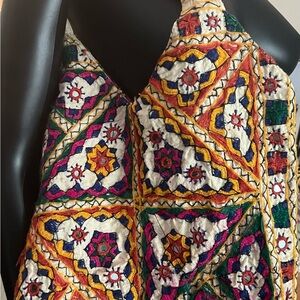 Vintage Embroidered Boho Mosaic Purse with Multi-Color Geometric Stitching